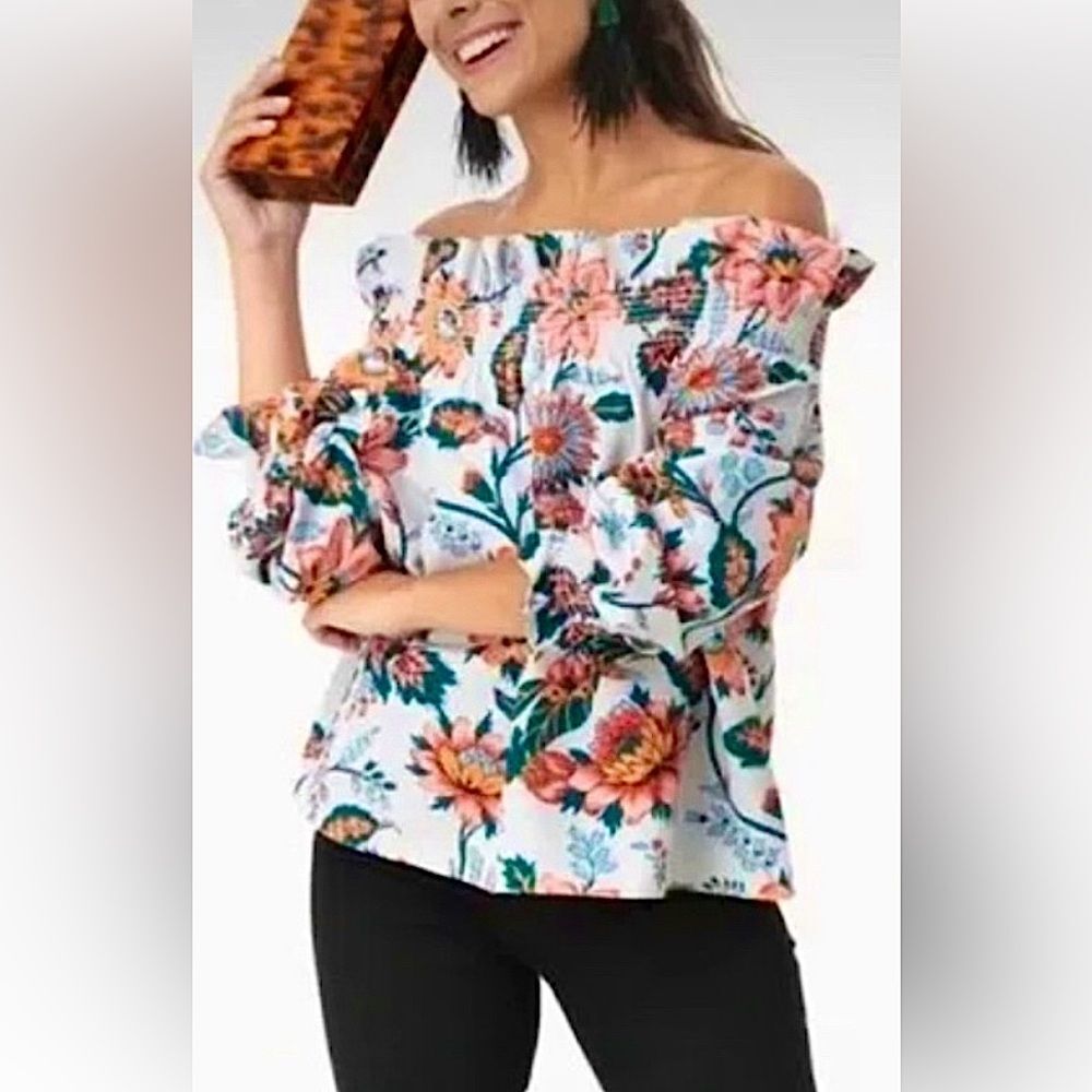 Tuckernuck Off-Shoulder Floral Blouse in White, Coral, Green